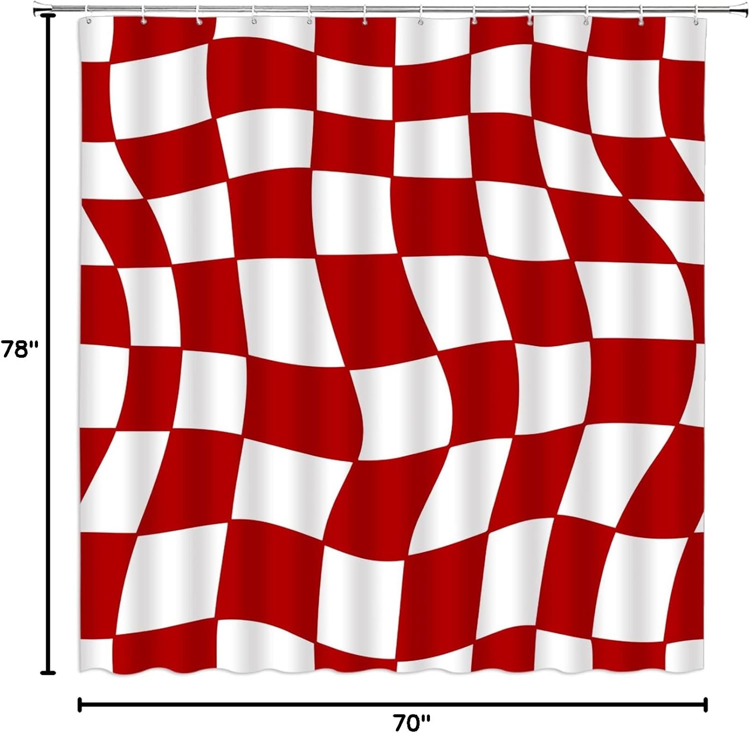 Red Checkered Shower Curtain Retro Vintage 60s 70s Groovy Checkerboard Modern Abstract Plaid Aesthetic Hippie Home Decor Fabric Bathroom Curtain Set with Hooks(70" Wx84 H)