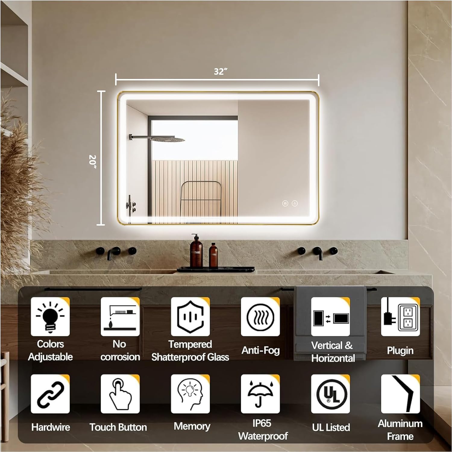 rectangle led bathroom mirror, 32"x20" anti-fog double touch lighted wall vanity mirror 45° beveled metal frame stepless adjustable color temperature smart mirror 3000k-6000k, gold gold 32"l x 20"w