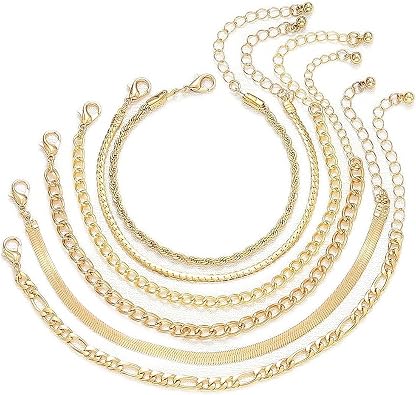 Gold Bracelet Set Layered Herringbone Bracelets Stackable Figaro Chain Bangles Dainty Paperclip Link Chain for Women