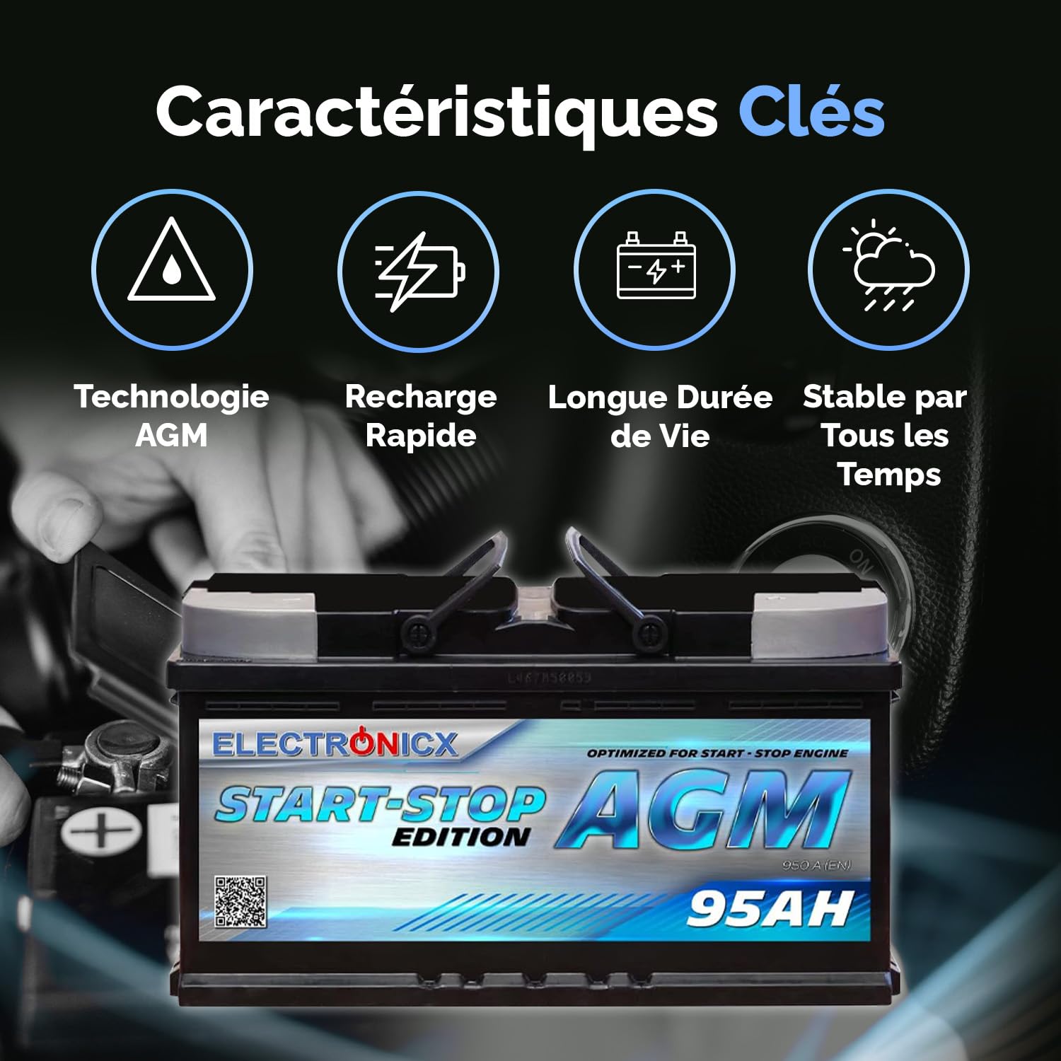 Electronicx Batterie Voiture AGM 95Ah 12V – 950A EN, 95 ah Batterie de Démarrage Start-Stop, Scellée, Résistante aux Vibrations, Batterie Haute Performance pour Véhicules, Fiable et Robuste