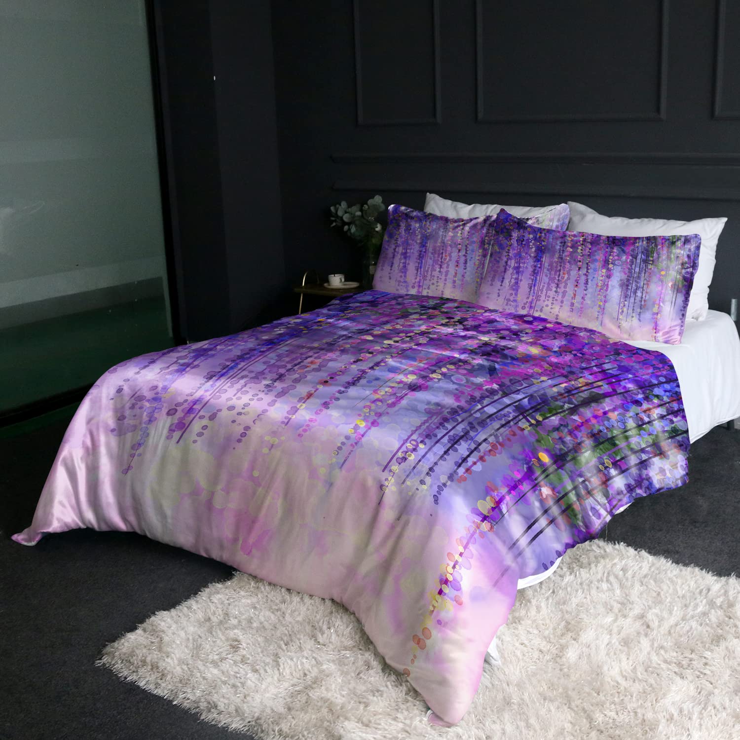 BlessLiving Watercolor Wisteria Satin Silky Bedding Soft Lavender and Purple Duvet Cover Set Abstract Floral Design Botanical Luxury Satin Bedding Sets 1 Duvet Cover 2 Pillowcases (King)