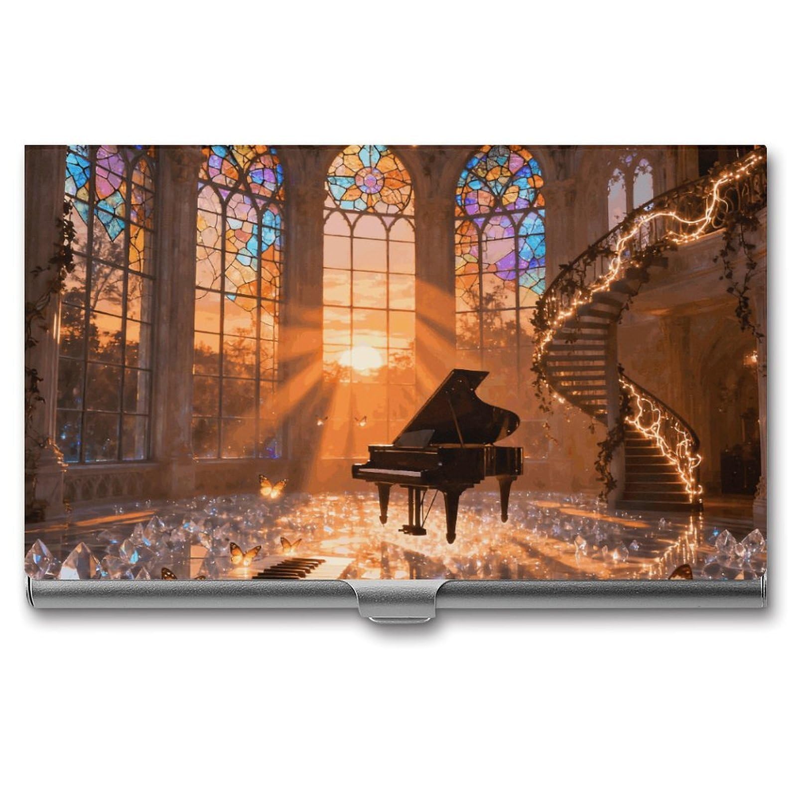 DWVTSLH Piano Castle Business Card Holder, Slim Portable Metal Business Card Case Pocket Wallet Professional Name Cards Holder for 22-30 Cards, Credit Card ID Case/Holder for Men Women
