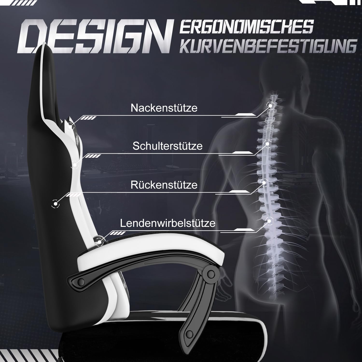 Gaming Stuhl, ergonomischer Gaming Sessel mit Fußstütze, Gamer Stuhl mit Lendenkissen & Kopfstütze, Gaming Chair mit neigbarer Rückenlehne, Bürostuhl & Gamingstuhl,150 kg, Weiß