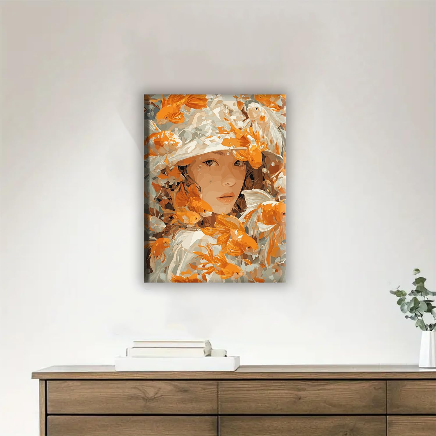Aeontinity Woman and Fish Fantasy Framed Canvas DIY Paint by Numbers Kit Bar Cafe Cave Home Room Wall Bathroom Porch Patio Decor Gift, 16 x 12 Inch