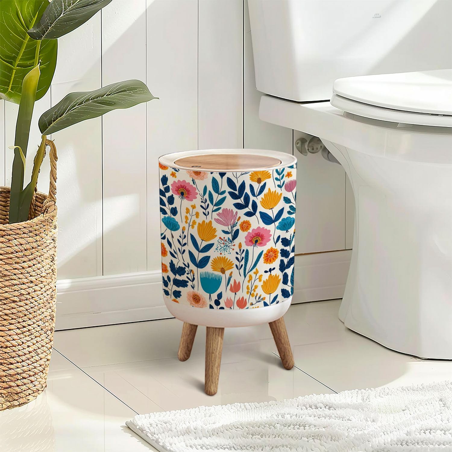 Trash Can with Lid Colorful Floral Featuring Blue Orange Blooms Cream Press Top Round Small Garbage Bin with Wooden Legs Waste Basket for Kitchen Bedroom Nursery 7L/1.8 Gallon