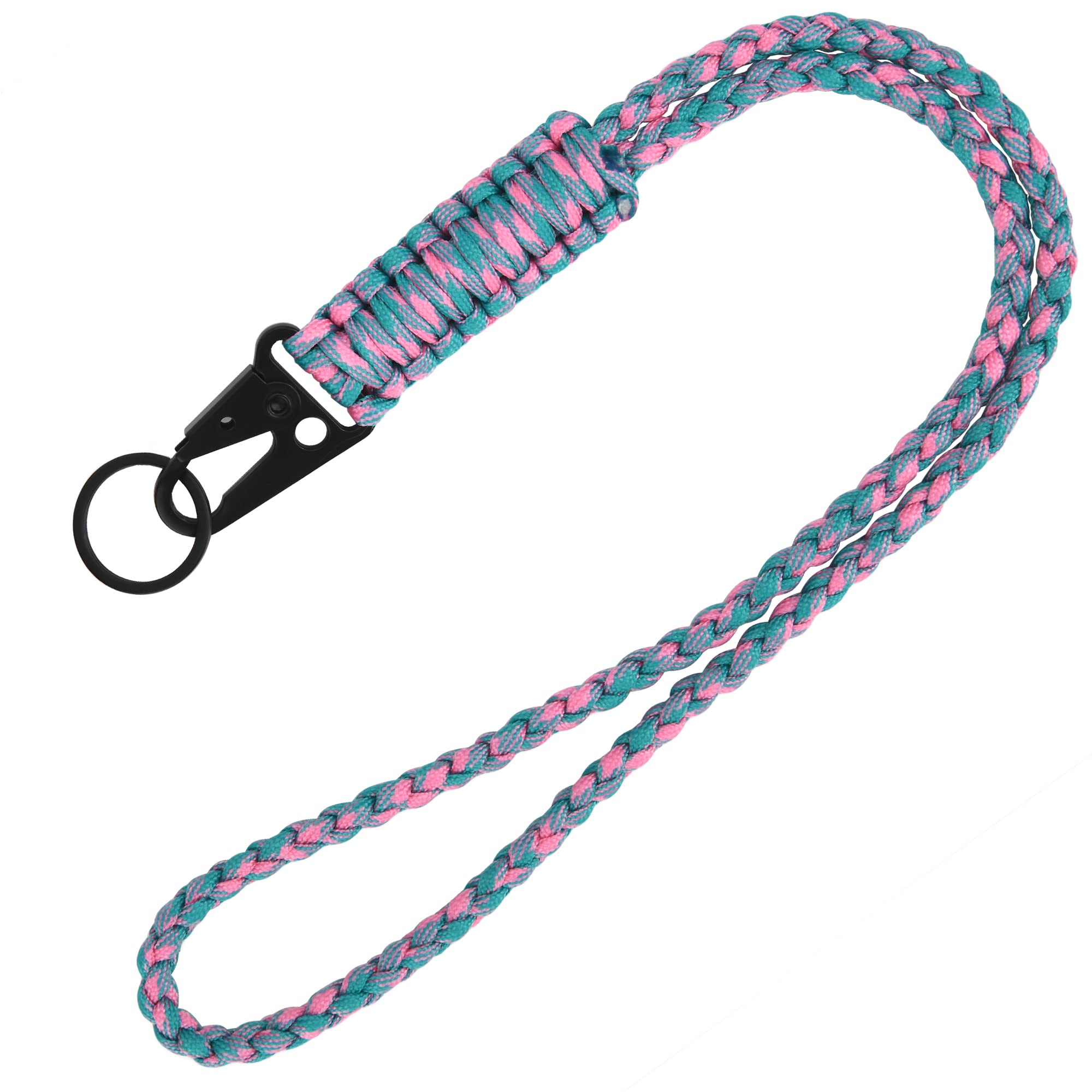 LAREDTREE Heavy Duty Paracord Lanyard Keychain, Paracord Necklace Cell Phone Keychain Whistles Wrist Braided Strap, Pink Green, 19.68inch