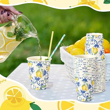 TecUnite 100 Pcs 9oz Capri Lemon Cups for Lemonade Stand Party Blue Lemon