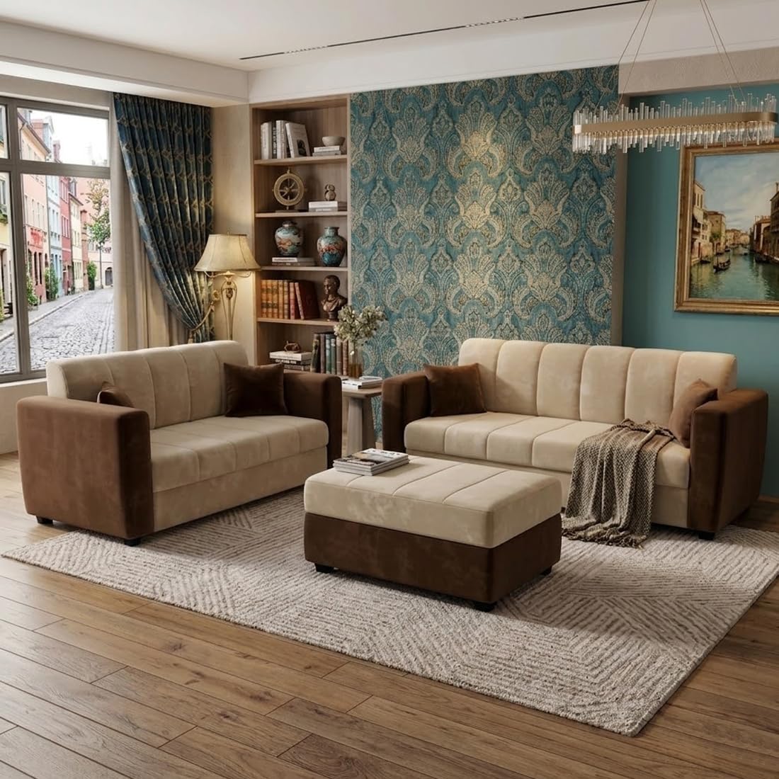 Alvaro Livewell 5 Seater Fabric Sofa Set (3+2) with Ottoman
