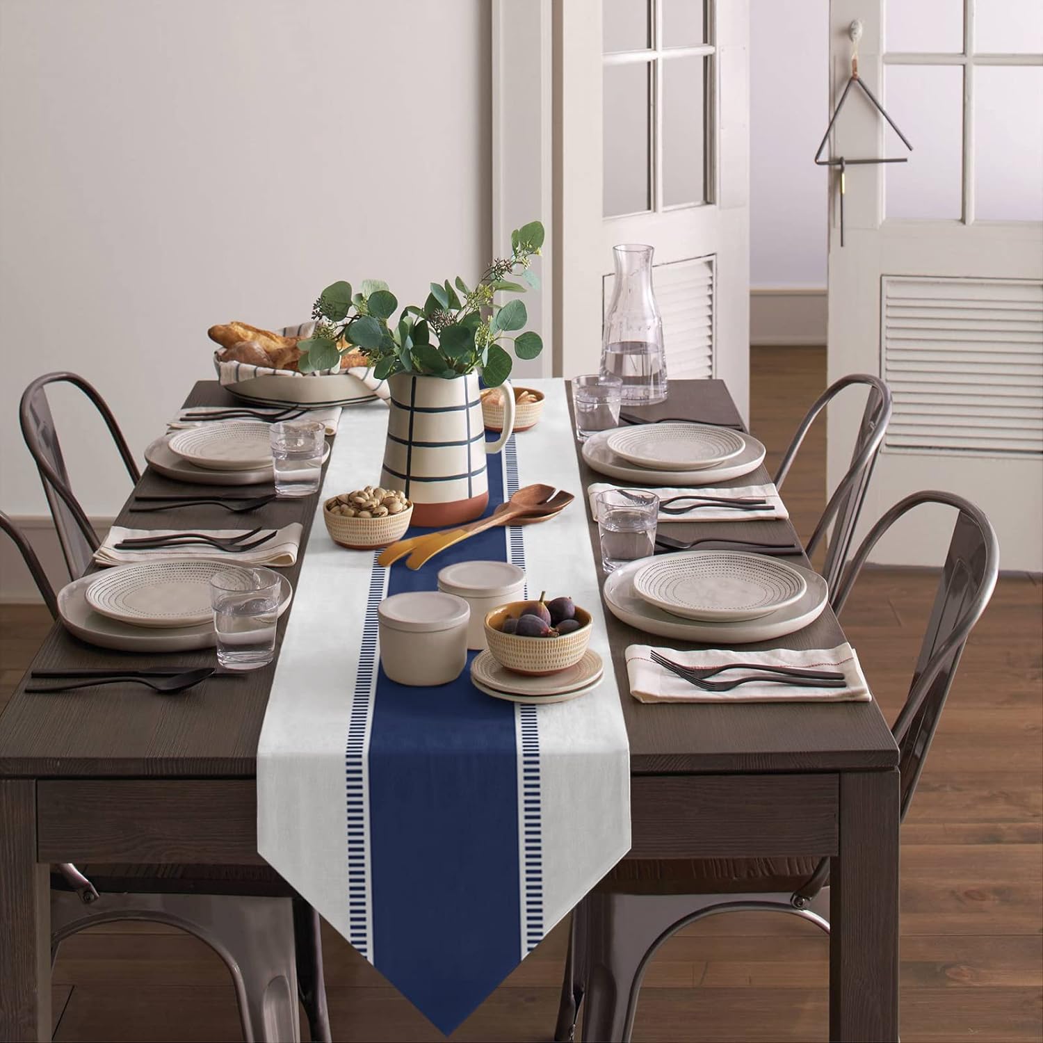 Navy Blue and White Stripe Table Runner 120 inches Long, Coffee Table Dining Table Scarf Table Runners Collection Kitchen Tabletop for Home Party Farmhouse Decoration, 13x120 Inch