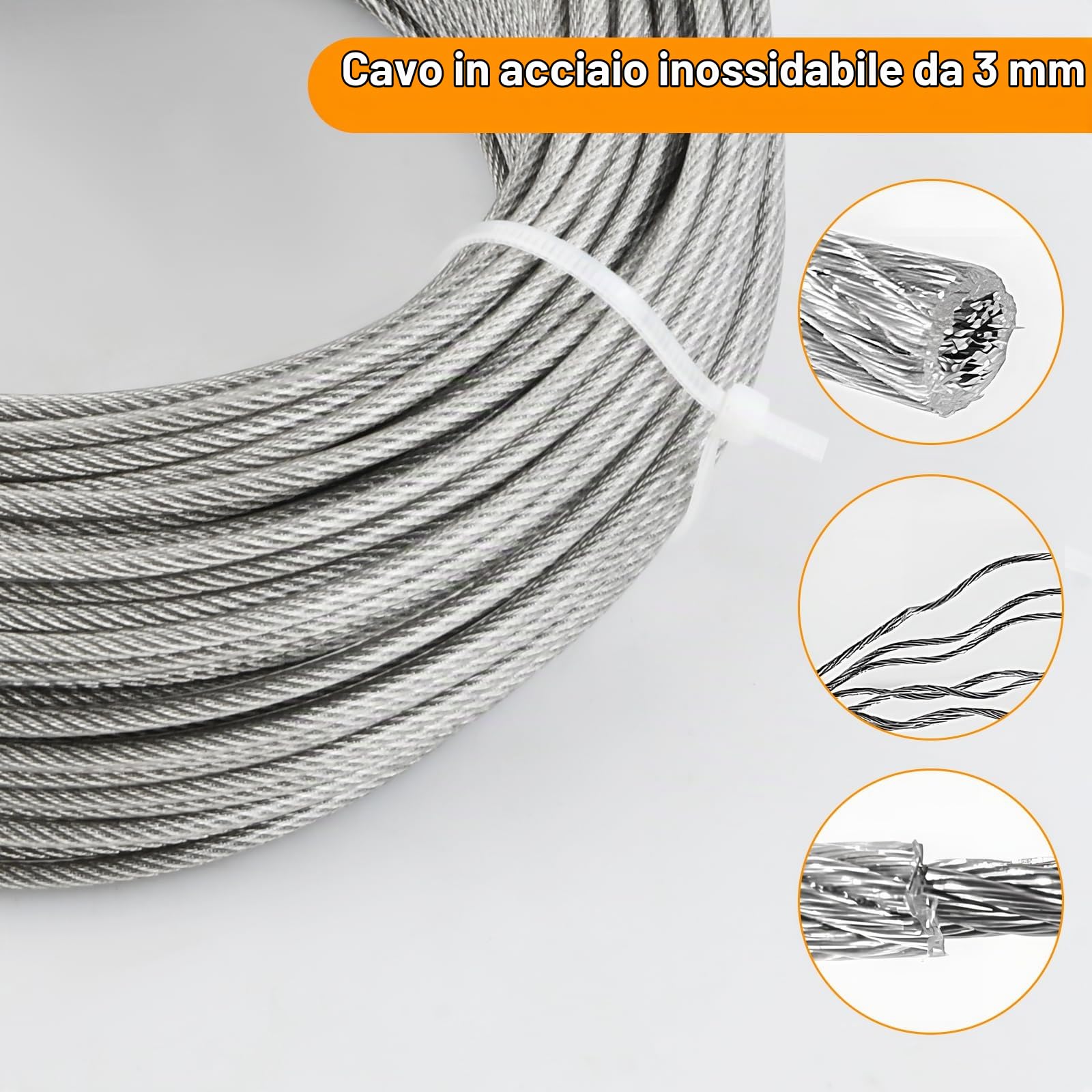 67 Pcs Kit Filo per Stendere il Bucato da Esterno, 50m Tiranti per Filo 3mm, con 20 Anello Aggraffatura, 4 Ganci Quadri, 4 Tenditori, Staffe Stendere i Panni Esterno, Stendibiancheria Acciaio Inox 7x7