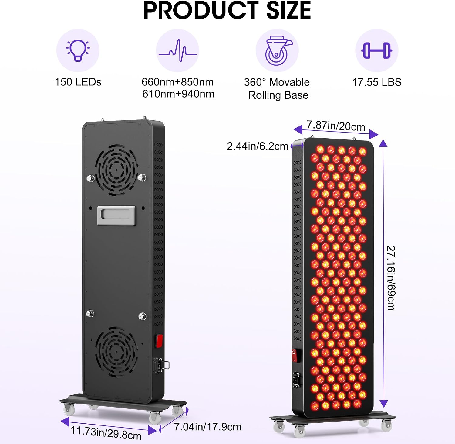 Red Light Therapy - Upgraded 4-CORE LED Chips Red Infrared Light Device, 150 LEDs with 3 Modes, Timer & Rolling Base, 660nm/850nm Near Infrared Light for Face & Body Care (27.16in)