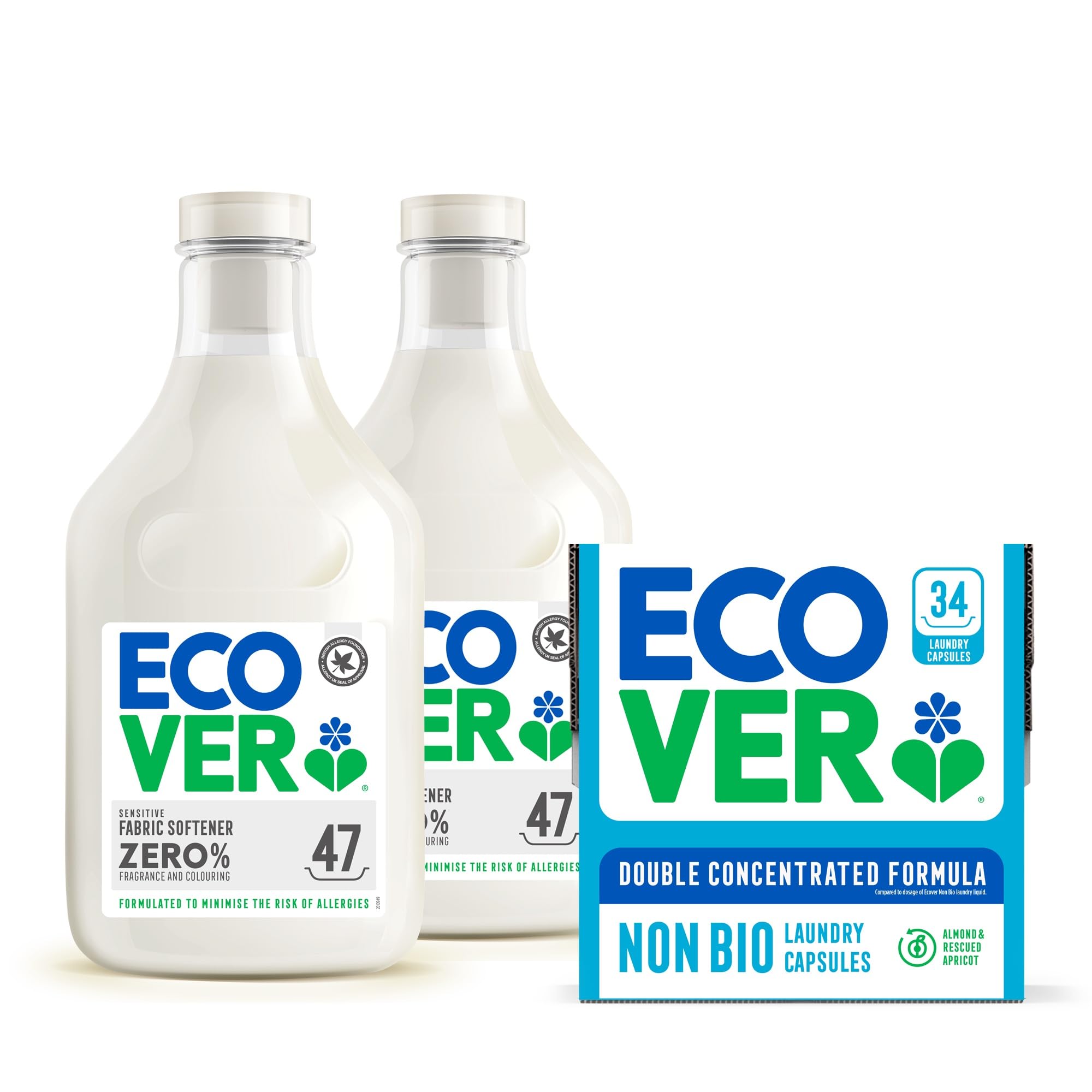 EcoverNon-Bio Washing Capsules - Laundry Capsules/Tablets - Almond & Rescued Apricot Scent, 1x Pack of 34 & Ecover Zero Fabric Softener for Sensitive Skin, Baby Fabric Softener, 2 x 47 Washes