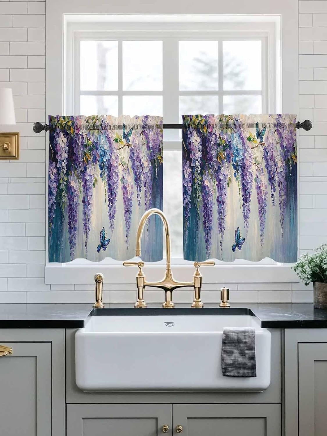 Purple Lavender Sheer Curtains for Bedroom Living Room Window Tier Curtain 24 Inch Length, Butterfly Flower Abstract Brush Artwork Rod Pocket Voile Drapes Kitchen Curtains Small Half Window 2 Panels