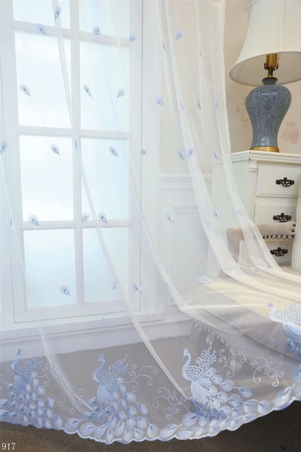 Exquisite Peacock Embroidery Five Colors Available Sheer Curtains Rod Pocket Room Decor Semi Drape for Living Room Bedroom(1 Panel W 52 x L 102 inch White)