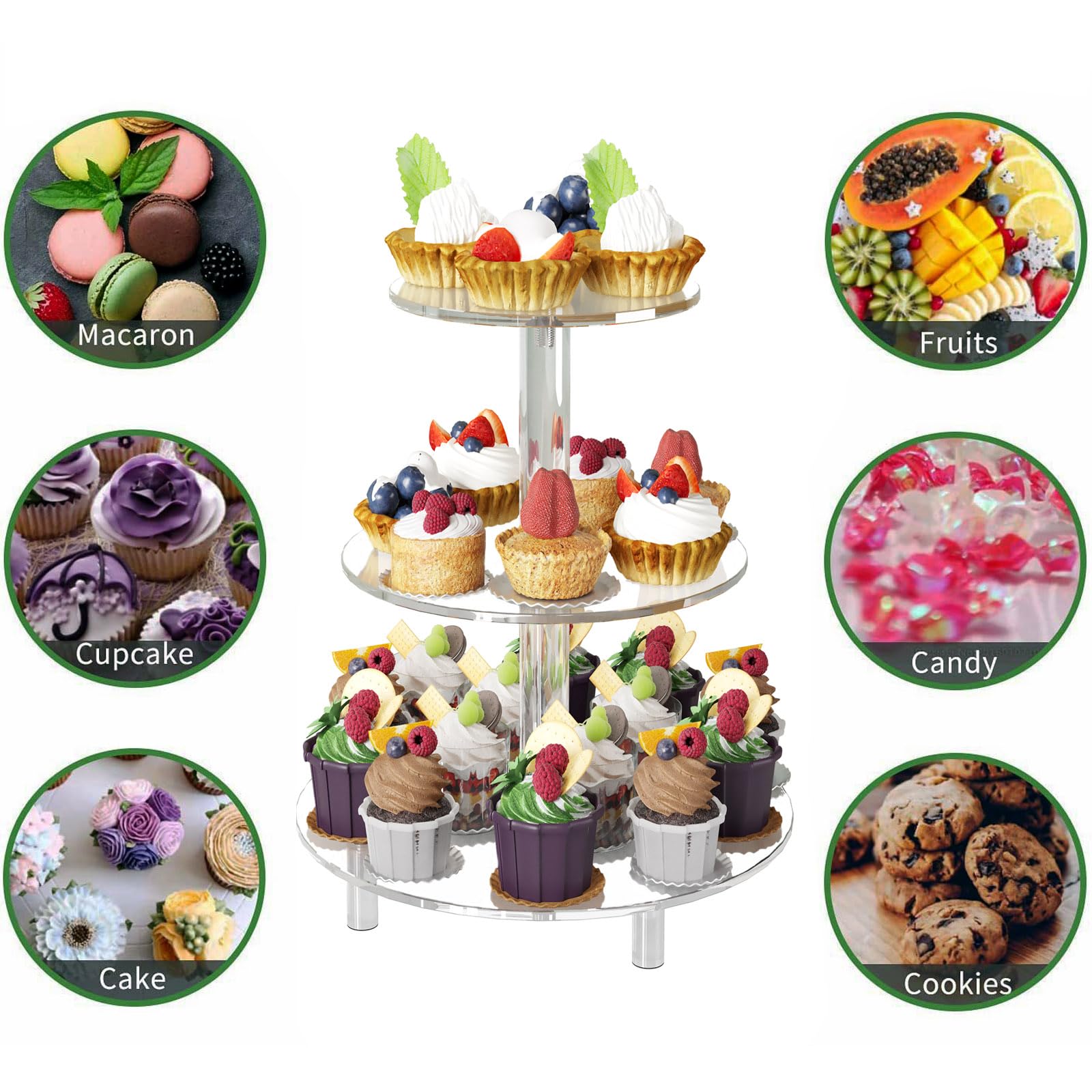 3 Tier Acrylic Cupcake Stand, Cupcake Stand for 24 Cupcakes for Weddings, Christmas, Reception, Holidays, Parties, Rave Party, Birthday, Baby Shower, Cupcake Stands Round Tiered Dessert Tower