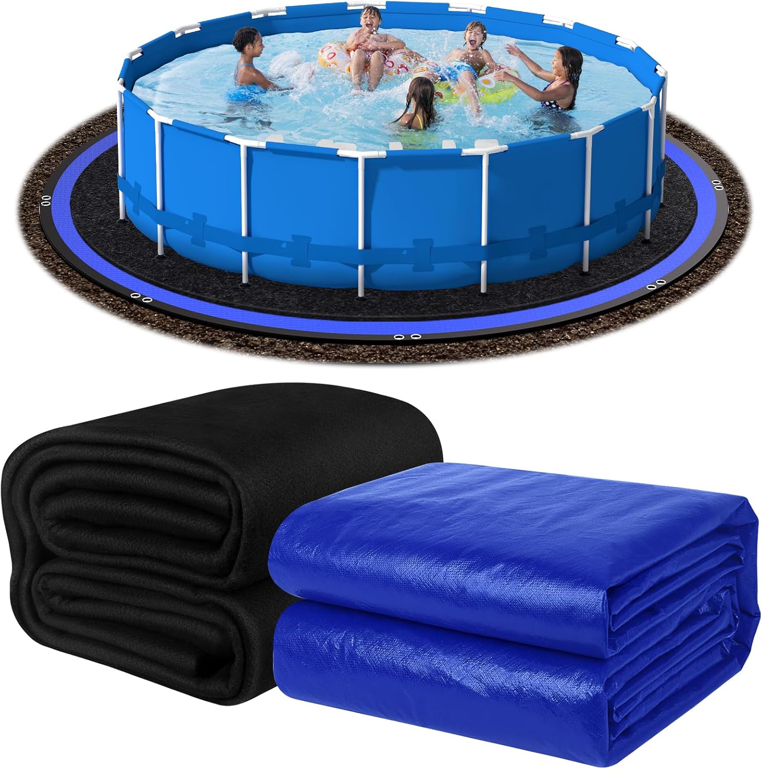 2 Pieces 15FT Pool Liner Pad,185g/㎡ Density Blue Heavy Duty Round Pool Ground Cloths and 300G/M² Black Pool Liner Pad for Above Ground Swimming Pools,Puncture Protection,Extend Liner Life