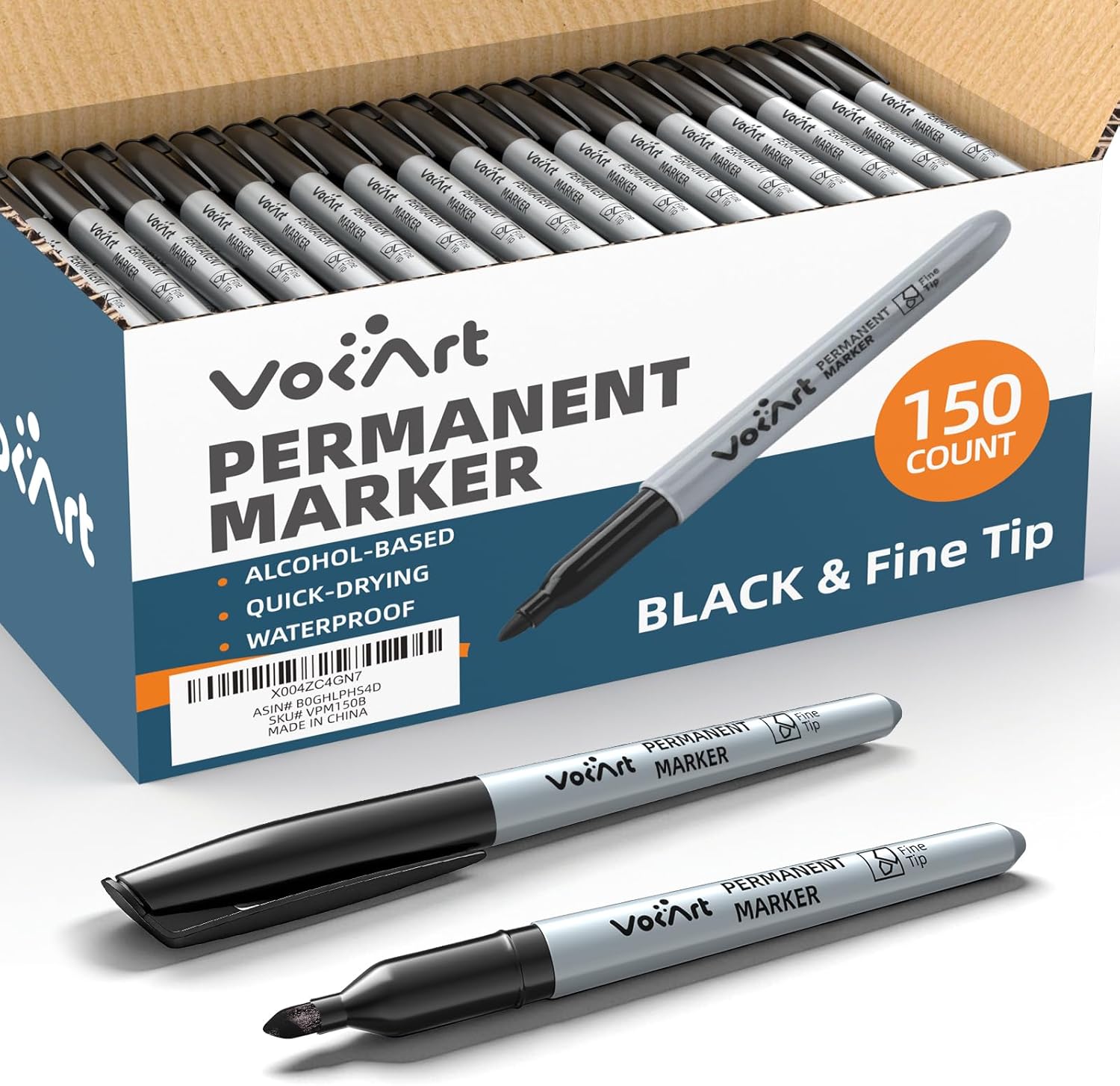 VOKART Permanent Markers Bulk, 150 Pack Black Permanent Markers, Thin Fine Point Tip for Office & Moving Supplies, Quick-Dry & Waterproof Ink Marker Pens for Moving Boxes, Labeling & Industrial Use