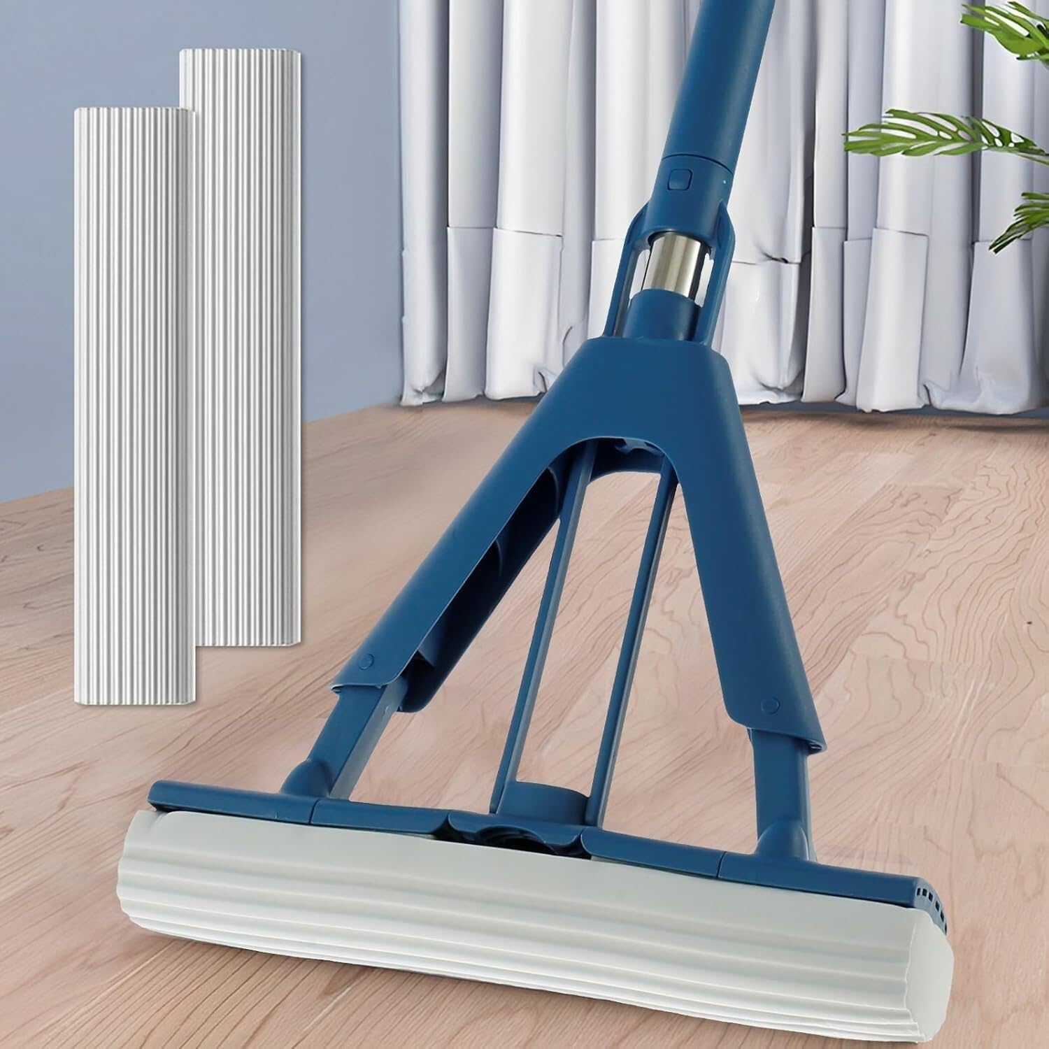 Mop,Floor Mop,Mop and Bucket Set,Spin Mop,Wall Mop,Sponge Mop Absorbent Roller Foam Mop with,Self Wringing Mop Adjustable Cleaning Wet Mop for Hardwood Tile Kitchen Bathroom(Blue)
