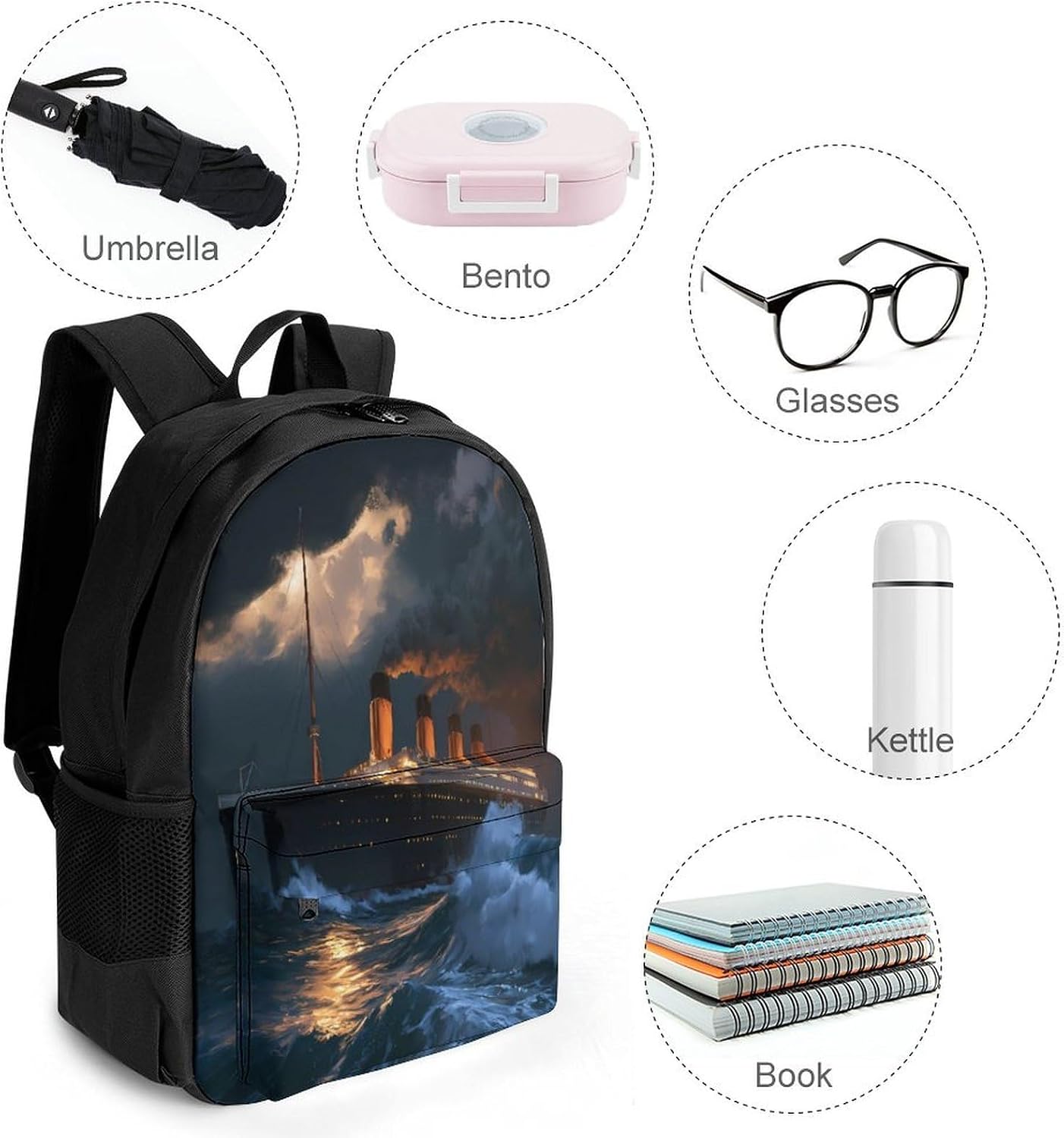 Titanic Ship Night Storm Ocean Backpack Lightweight Backpacks Work Bag