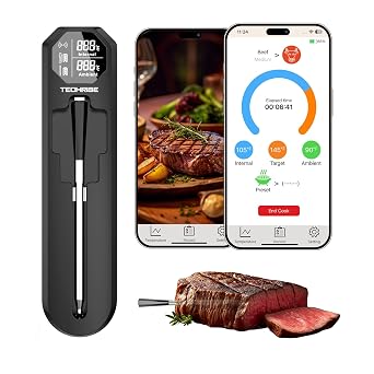 TechRise Bluetooth Wireless Meat Thermometer with APP,Wireless Meat Thermometer Digital for Oven,Smoker,Air Fryer,Kitchen Cooking,Instant Read Digital Probe with Alarm, Long Range,Rechargeable,Black