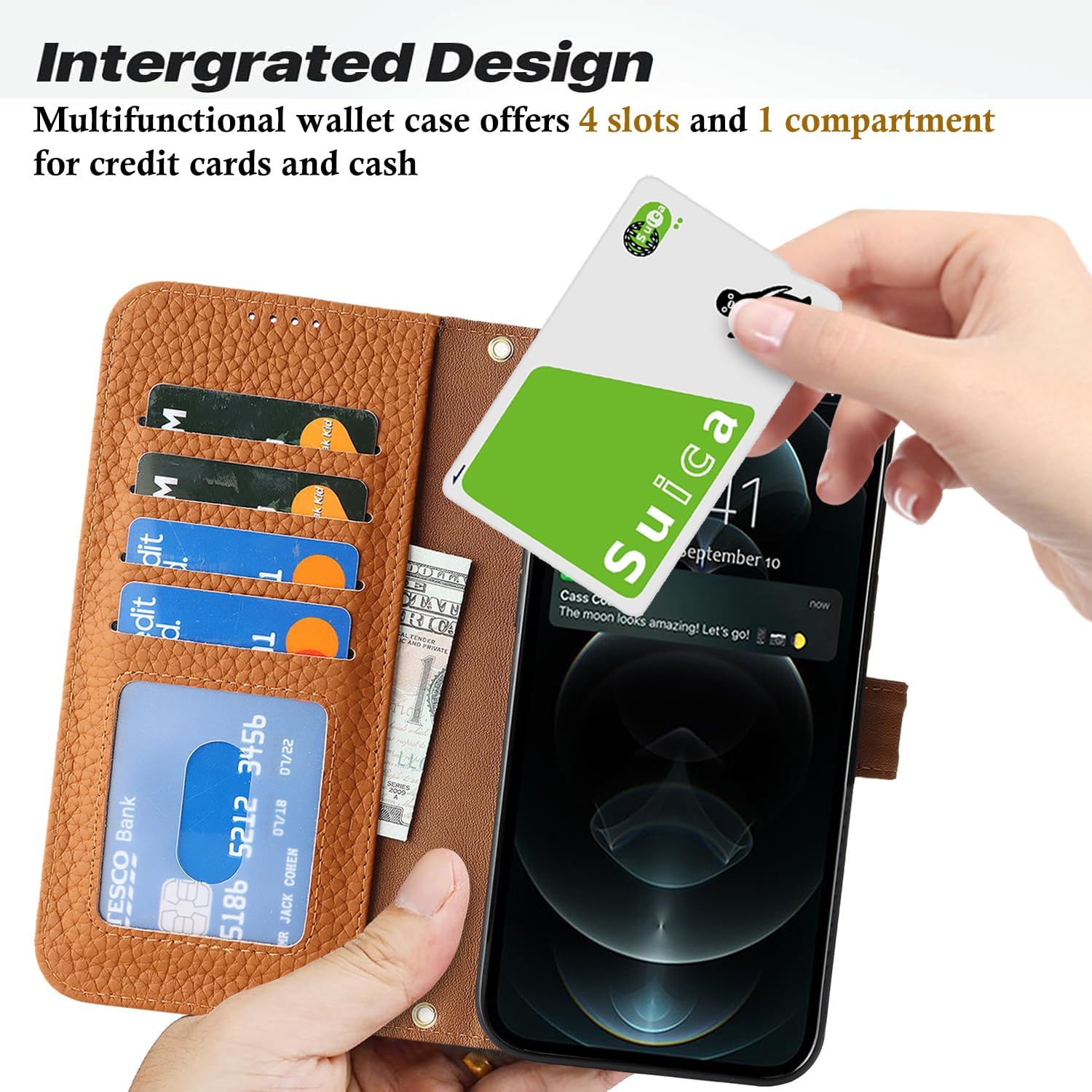 Zouzt Case for iPhone 12/12 Pro 6.1" Genuine Leather Wallet Case with 4 Card Slot, RFID Blocking Card Holder Magnetic Flip Folio Shockproof Phone Cover Women Men for iPhone 12/12 Pro - Amber - Image 3