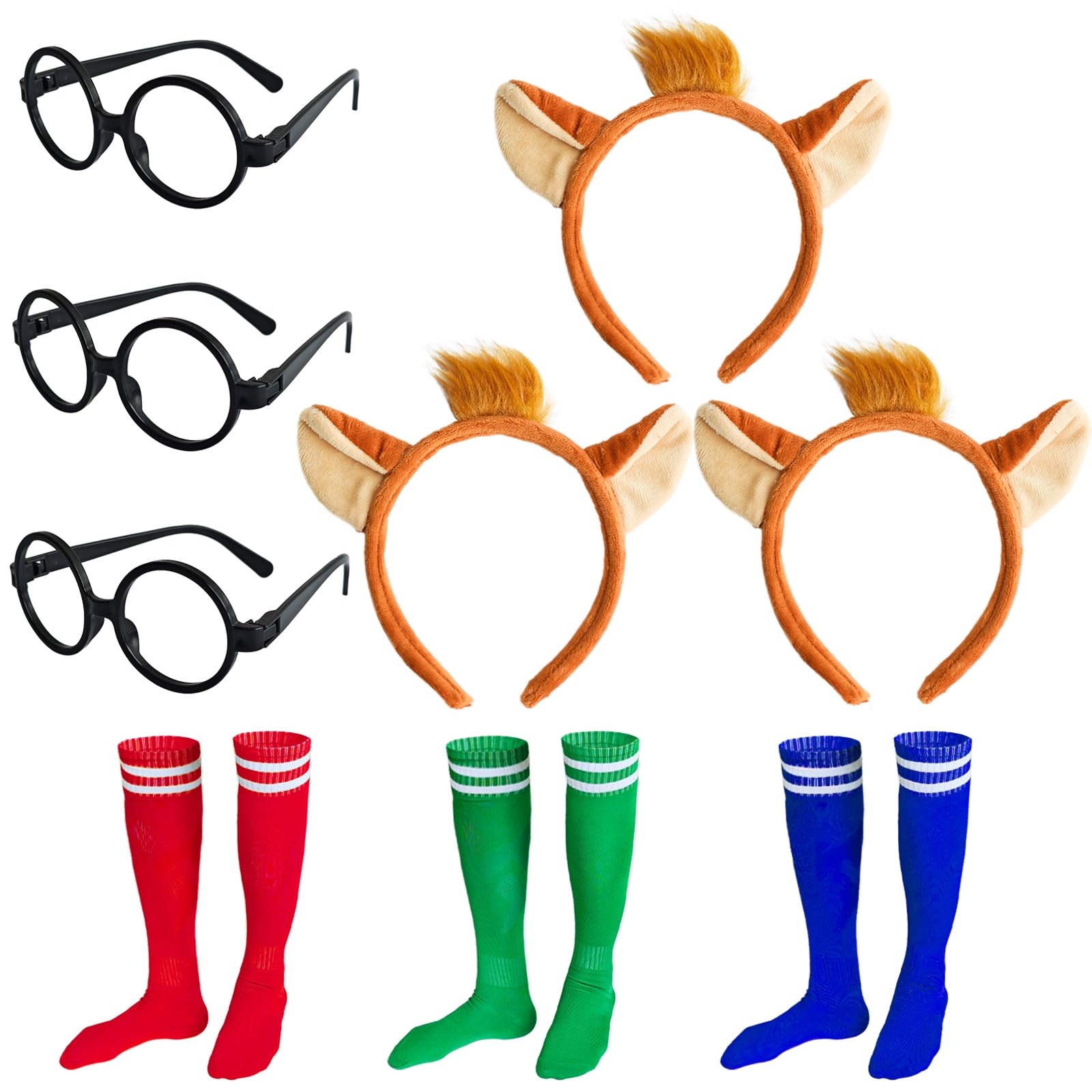 Moonlight Miles 9Pcs Chipmunks Costume Set, Halloween Cosplay Costume with Headband Frame Glasses Socks for Party Dress Up Outfit Accessories