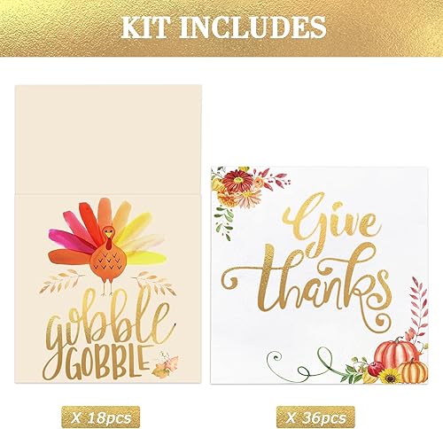 Miniatura 2 de Servilletas de Acción de Gracias, paquete de 54 servilletas de papel dorado (36 piezas) con soportes para cubiertos (18 unidades), decoración de