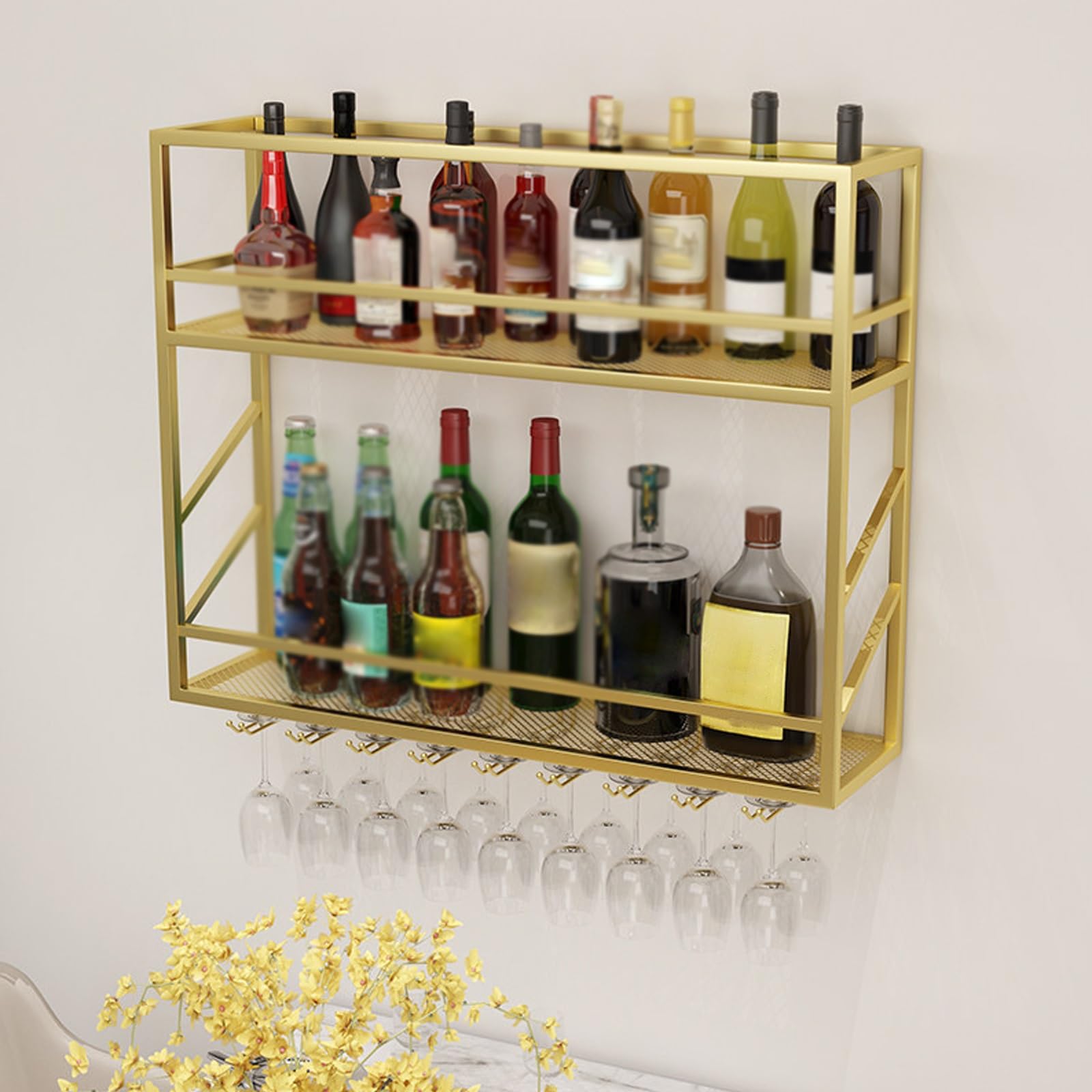 Porte-bouteilles mural en fer forgé or de 120 cm avec support de verres à pied