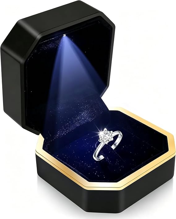 Luxury LED Ring Box For Proposal Engagement Wedding, Smart Light-Up Square Velvet Case, Romantic Gift For Her Him, Jewelry Display Box For Surprise (Black, 3 * 3 * 2in)