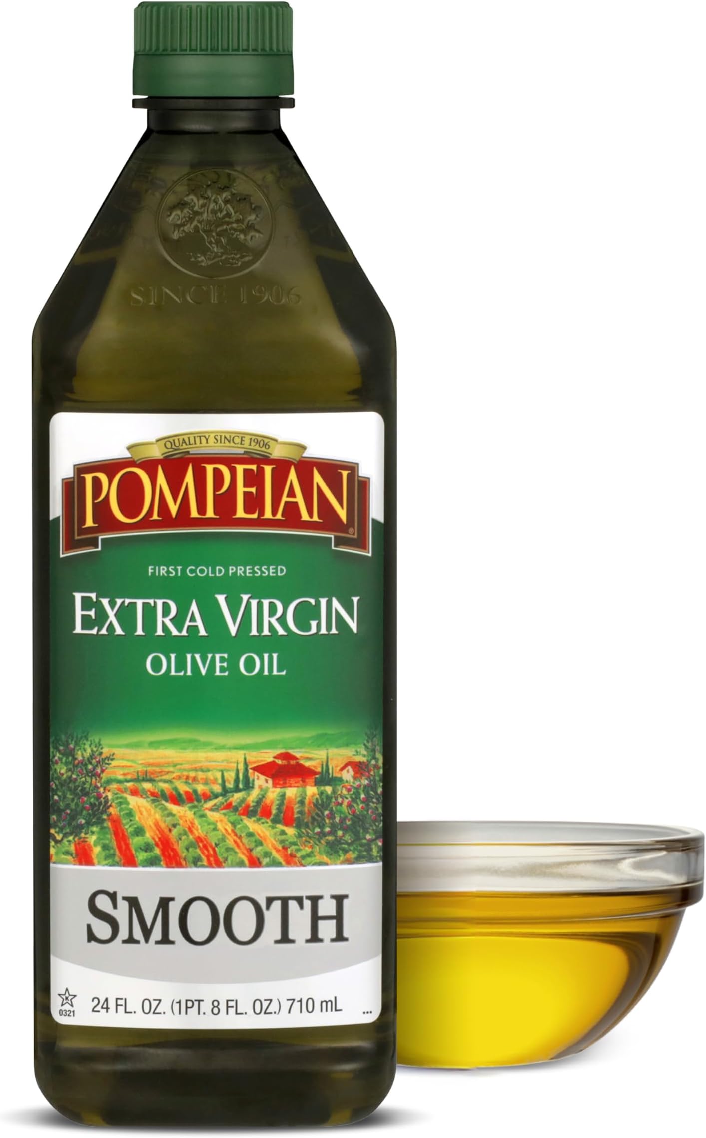 Pompeian Smooth Extra Virgin Olive Oil, First Cold Pressed, Mild and Delicate Flavor, Perfect for Sauteing and Stir-Frying, Naturally Gluten Free, Non-Allergenic, Non-GMO, 24 Fl Oz, Single Bottle