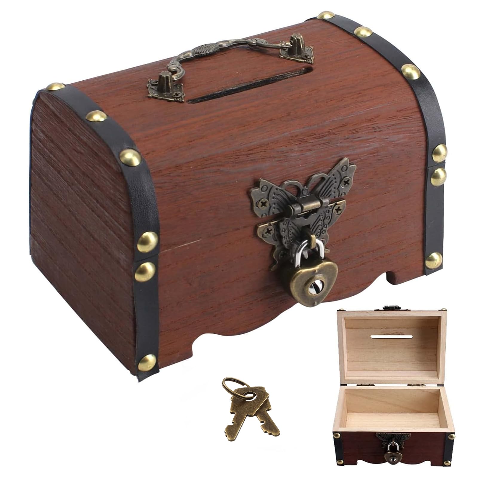 Litinliv Wooden Treasure Chest with Lock and Key - Small Retro Vintage Money Storage Box for Storage and Decoration