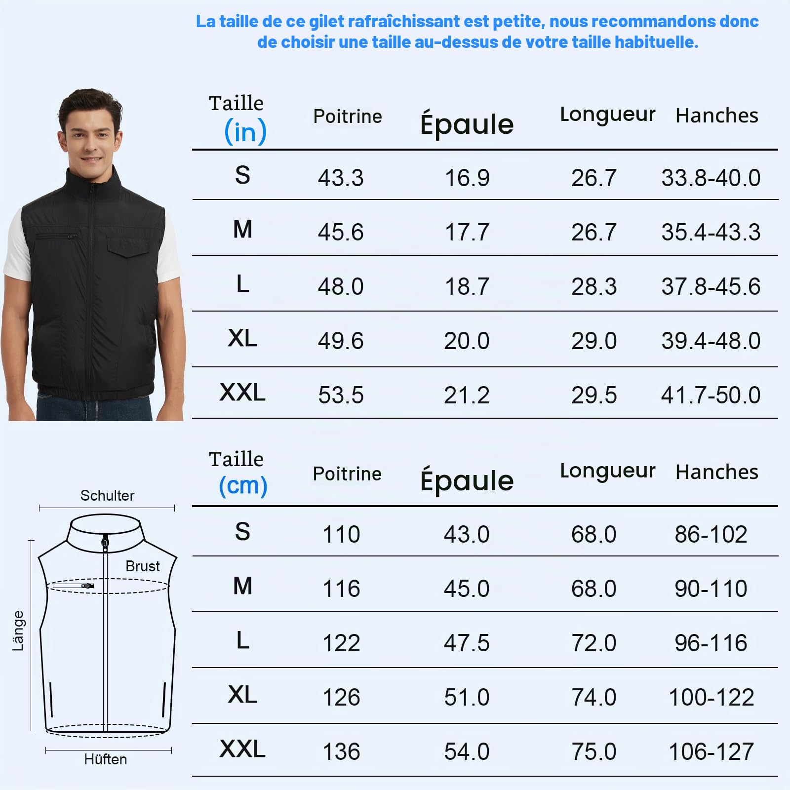 FERNIDA Gilet rafraîchissant 18 V avec batterie et 2 ventilateurs pour soulager la chaleur estivale, vêtements de climatisation respirants