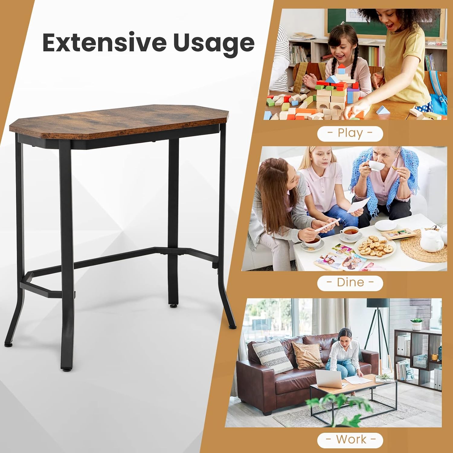 Industrial Coffee Table, Stackable Sofa Side Table with Storage Shelf, Wooden Cocktail Accent Center Table for Living Room Bedroom Office (End Table)