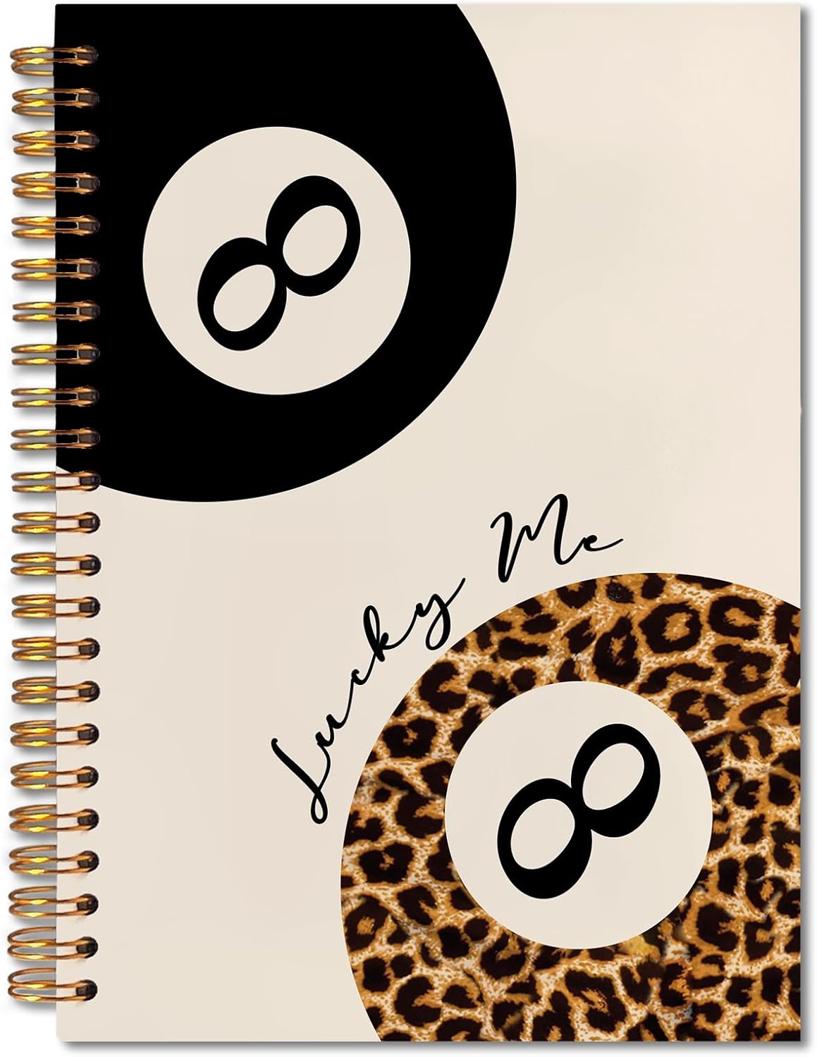 Trendy Leopard and Black Lucky 8 Ball Notebook, Funky Leopard Print Journaling Notebook, Vintage Modern Billiards Journal, Aesthetic Cheetah Print Balls Spiral Notebooks 5.5x8.3 Inch