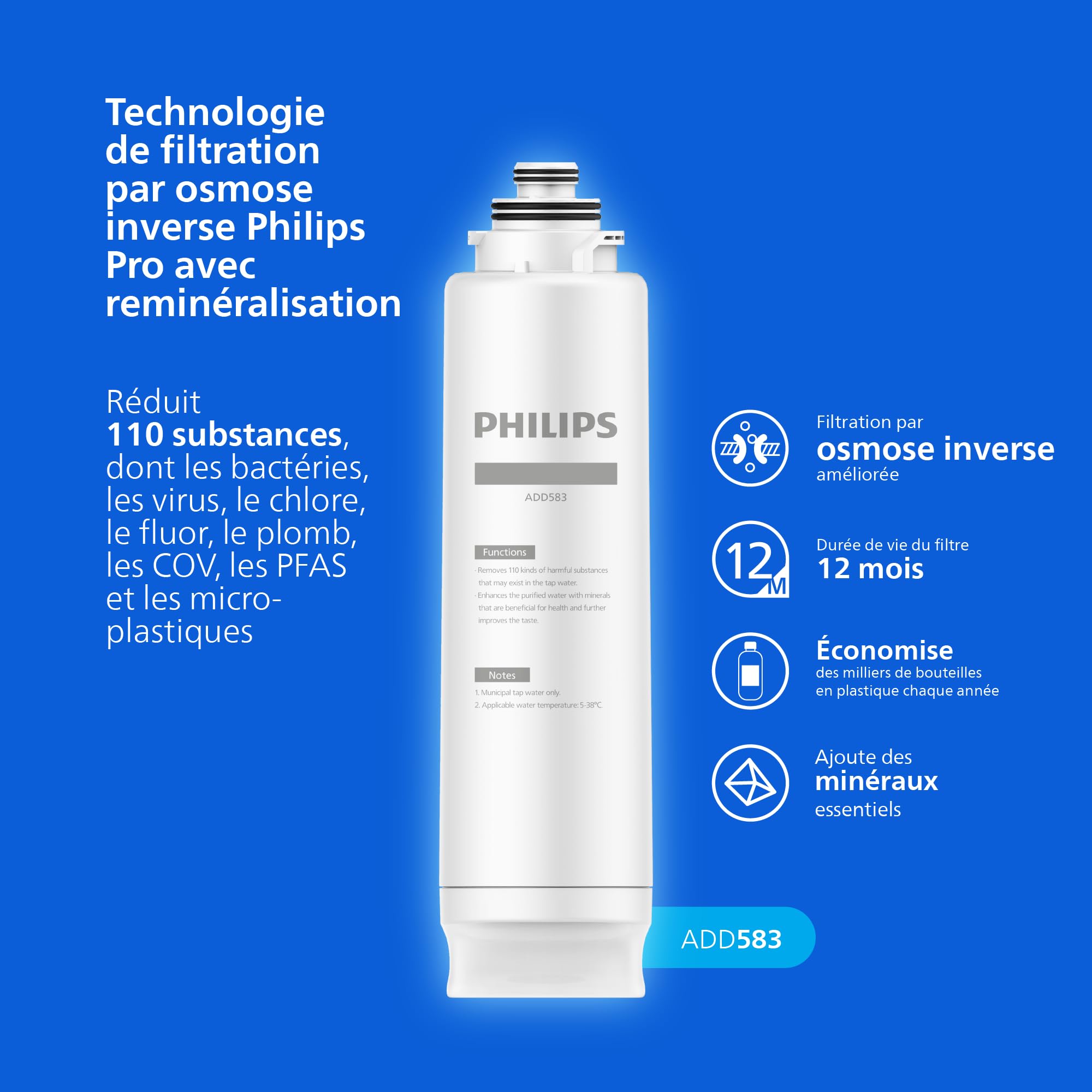 Philips Distributeur d’eau à osmose inverse 7000: Eau chaude/froide filtrée en secondes, minéraux préservés, filtration RO 6-en-1, >110 contaminants réduits, ratio 3:1, UV-C, sans installation, 2000 L