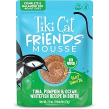 Tiki Cat Friends Mousse Tuna, Pumpkin & Ocean Whitefish, Grain Free & High Moisture, Wet Cat Food for Adult Cats, 2.8 oz. Pouch 12 Count