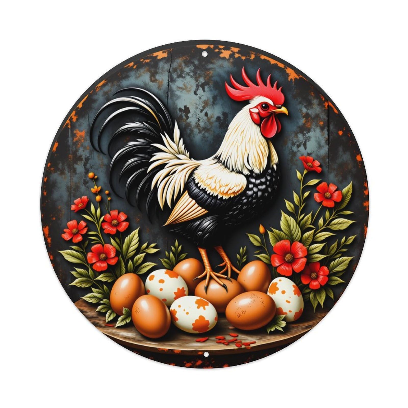 Rooster Eggs Flowers Leaves Background Vintage Metal Tin Sign Retro Wall Decor for Home Bar Garage Cafe, Indoor & Outdoor Decorative，circle Metal Poster, 8x8 Inch