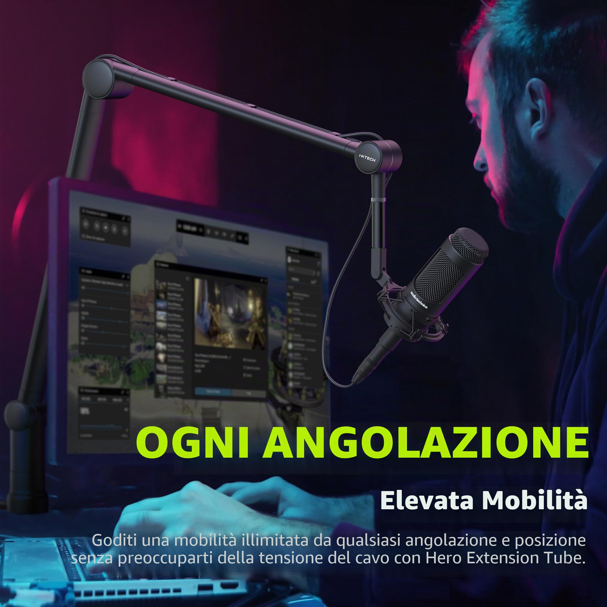 IXTECH Asta per microfono con tubo di estensione, braccio per microfono per Shure SM7B MV7 Blue Yeti robusto in acciaio inox, supporto da scrivania, braccio pieghevole a forbice, supporto per