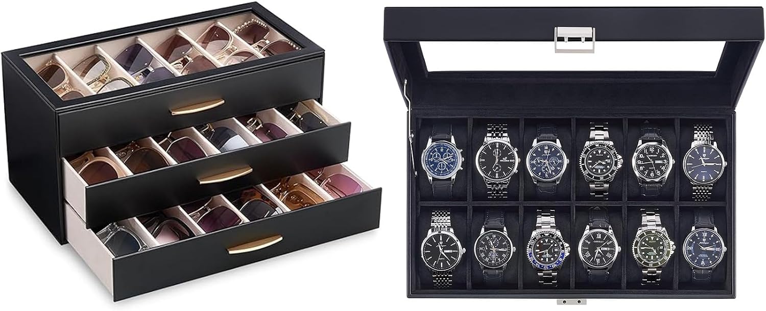 Lolalet Sunglasses Organizer Case and All Black 12 Slot Watch Case Bundle, Clear Top Lid Display, Large Glass Lid, Removable Pillows, Eyewear and Watch Organizer
