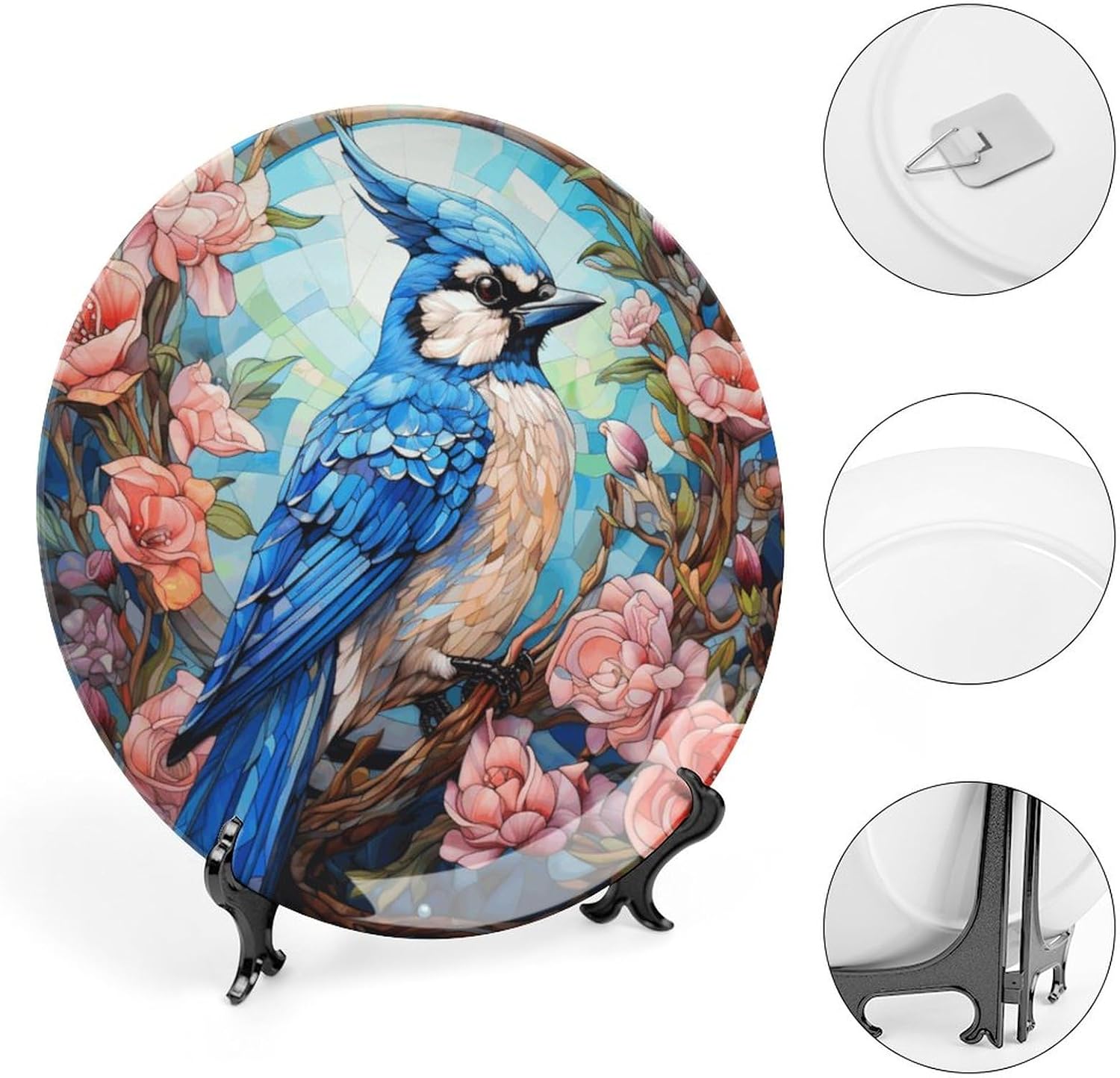 Decorative Plates for Home Decor, Blue Bird & Floral Stained Glass Design Decor Tray for Table Display, Ceramic Dinner Plate W/ Stand, Living Dining Room Decor, Gifts for Blue Jay Lovers, 8 Inch