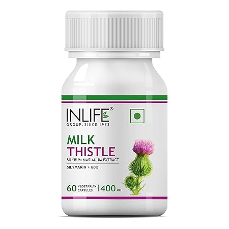 INLIFE Milk Thistle 80% Silymarin Liver Cleanse Detox Support Supplement - 60 Veg. Capsules (400mg, Pack of 1)
