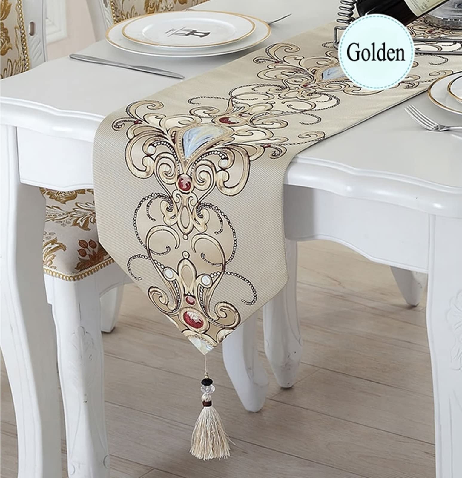 Świąteczny bieżnik na stół, złoty prymitywny bieżnik na stół klejnot kwiatowy wzór lniany bieżnik na stół 32 x 300 cm dekoracja kuchni dekoracje stołu dekoracje świąteczne