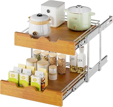 DINDON 2 Tier Pull Out Cabinet Organizer 17" W x 21" D Slide Out Wood Shelf Double Tier Kitchen Wire Basket With Chrome Finish...