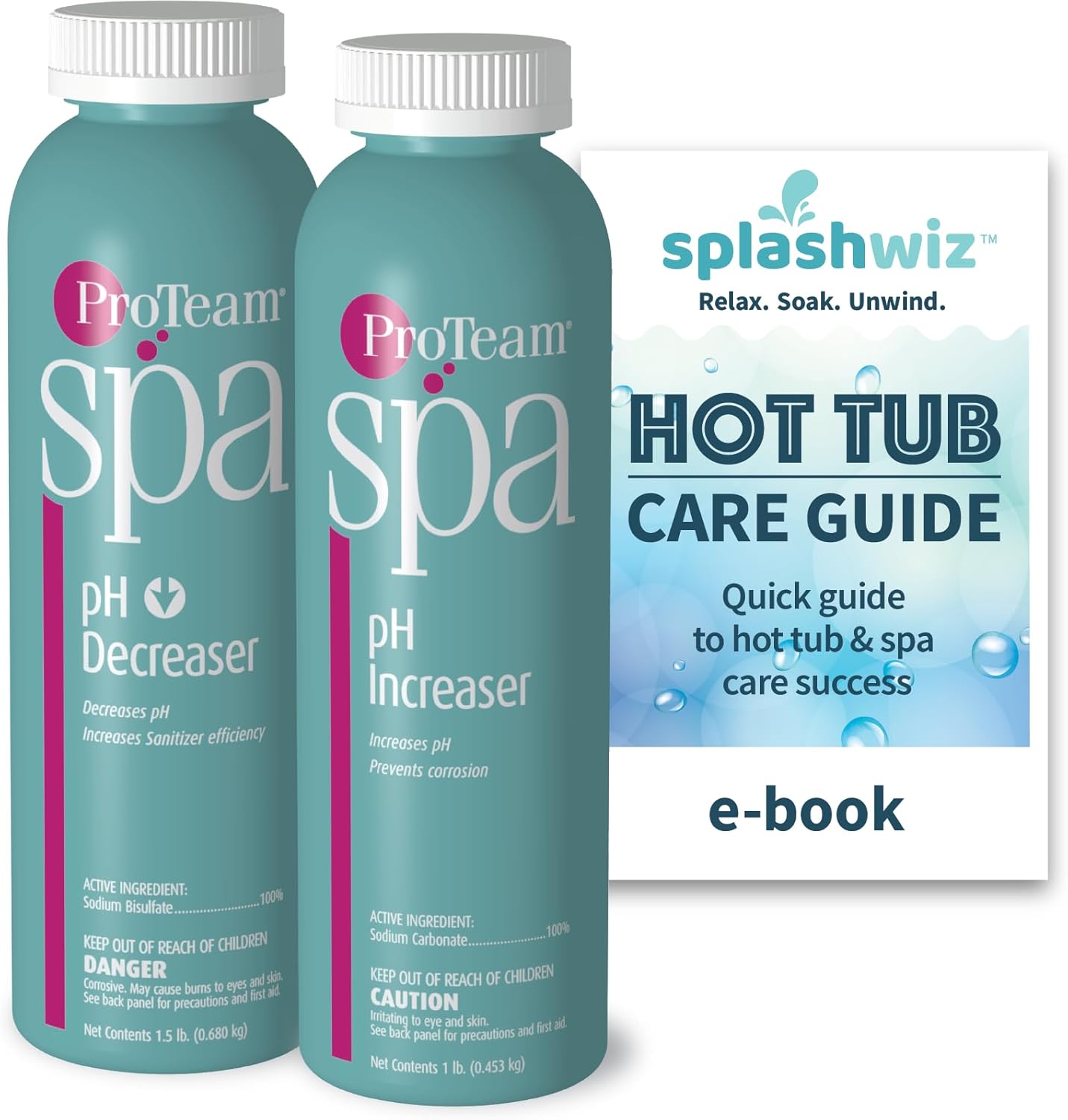 ProTeam Spa pH Up and Down Hot Tub Chemicals Starter Kit - Bundle Includes Hot Tub pH Increaser and Hot Tub pH Decreaser with SplashWiz Spa & Hot Tub Chemicals Care Guide e-Book - Made in USA