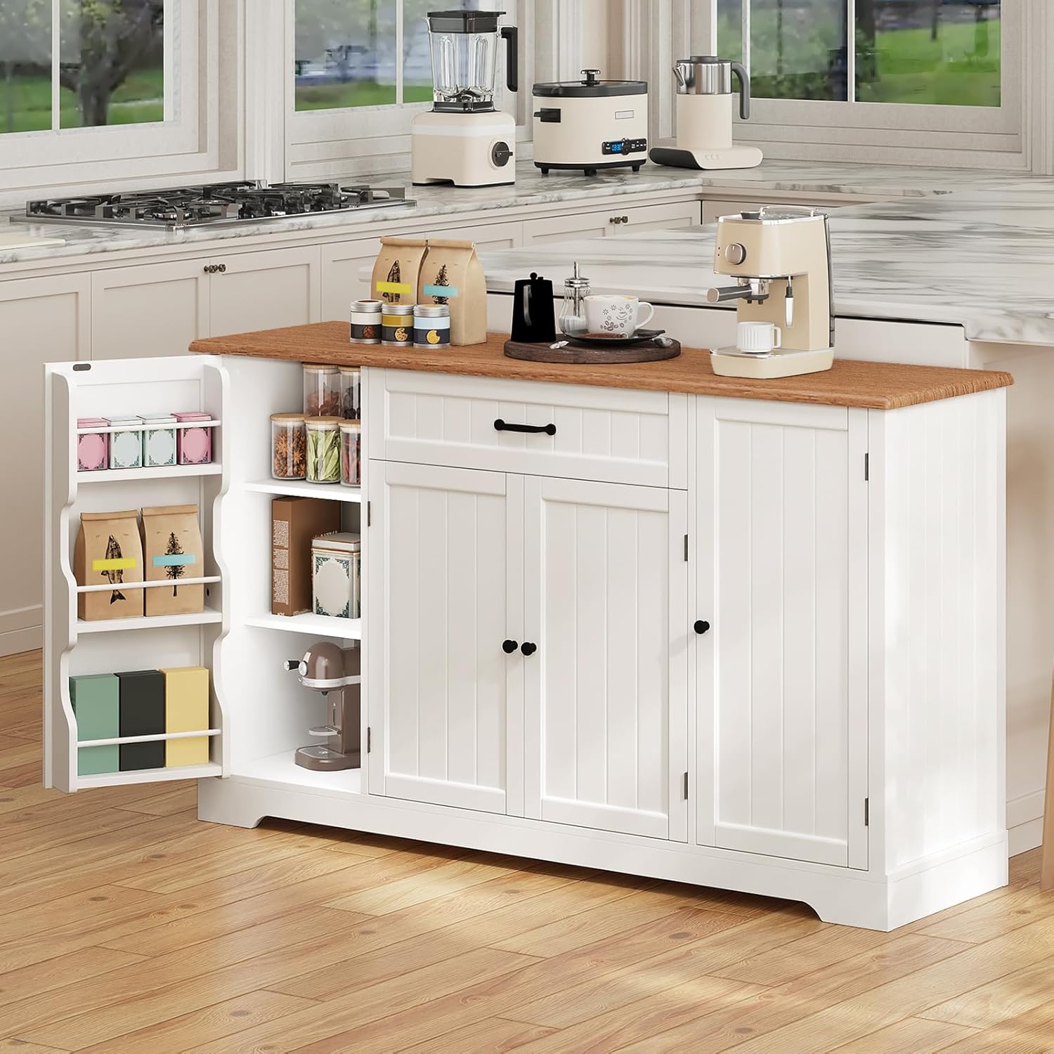 Gizoon 56" Kitchen Coffee Bar Cabinet with Storage Kitchen Sideboard Buffet Cabinet with Drawers, Short Pantry with Door and Shelves for Bathroom and Living Room, White and Rustic
