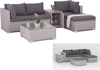 Rattan Polyrattan Lounge Sitzgruppe Garnitur Gartenmöbel aus 3 Sitzer Sofa, Hocker, Tisch mit Stauraum und Abstelltisch mit Glassplatte