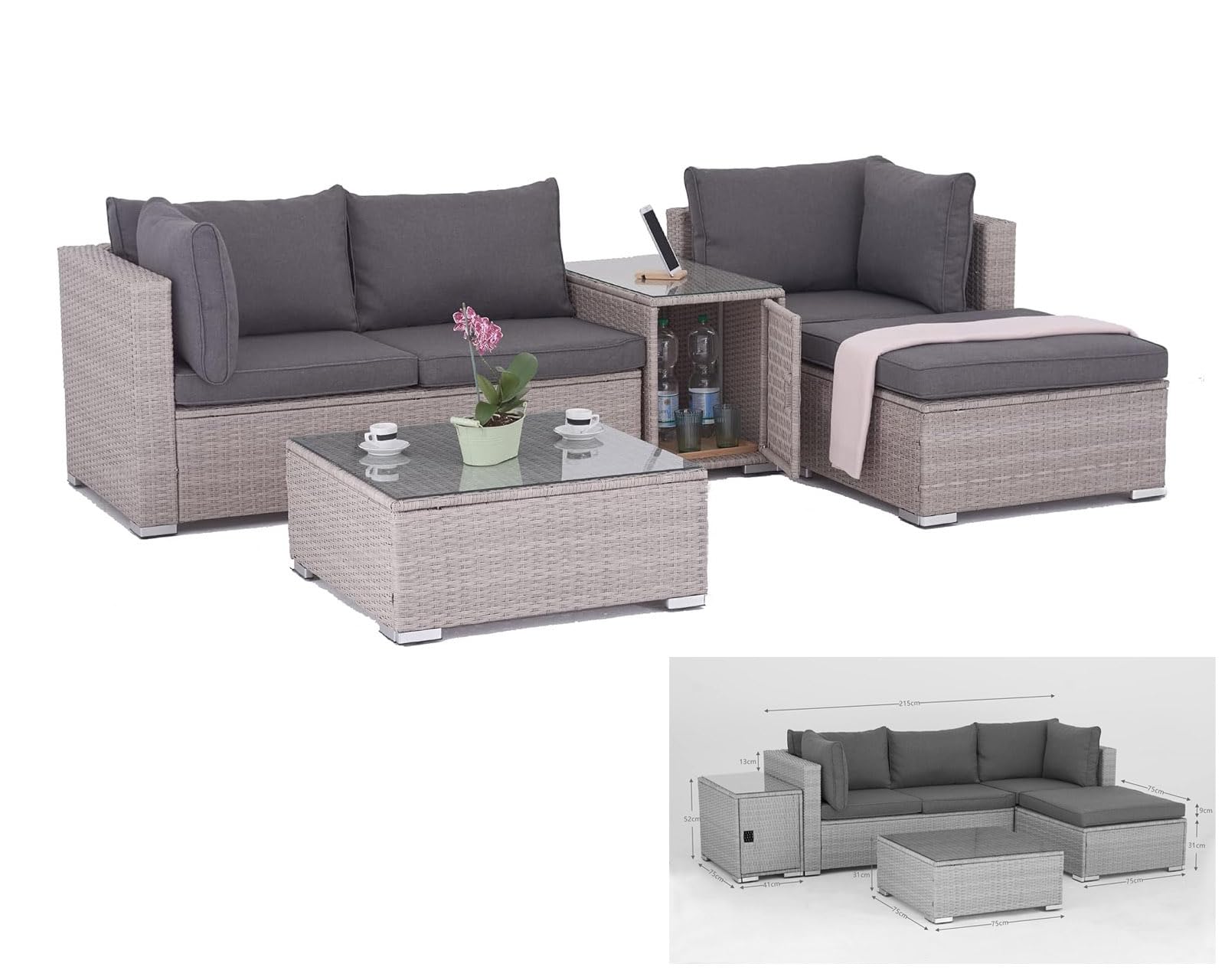 Rattan Polyrattan Lounge Sitzgruppe Garnitur Gartenmöbel aus 3 Sitzer Sofa, Hocker, Tisch mit Stauraum und Abstelltisch mit Glassplatte