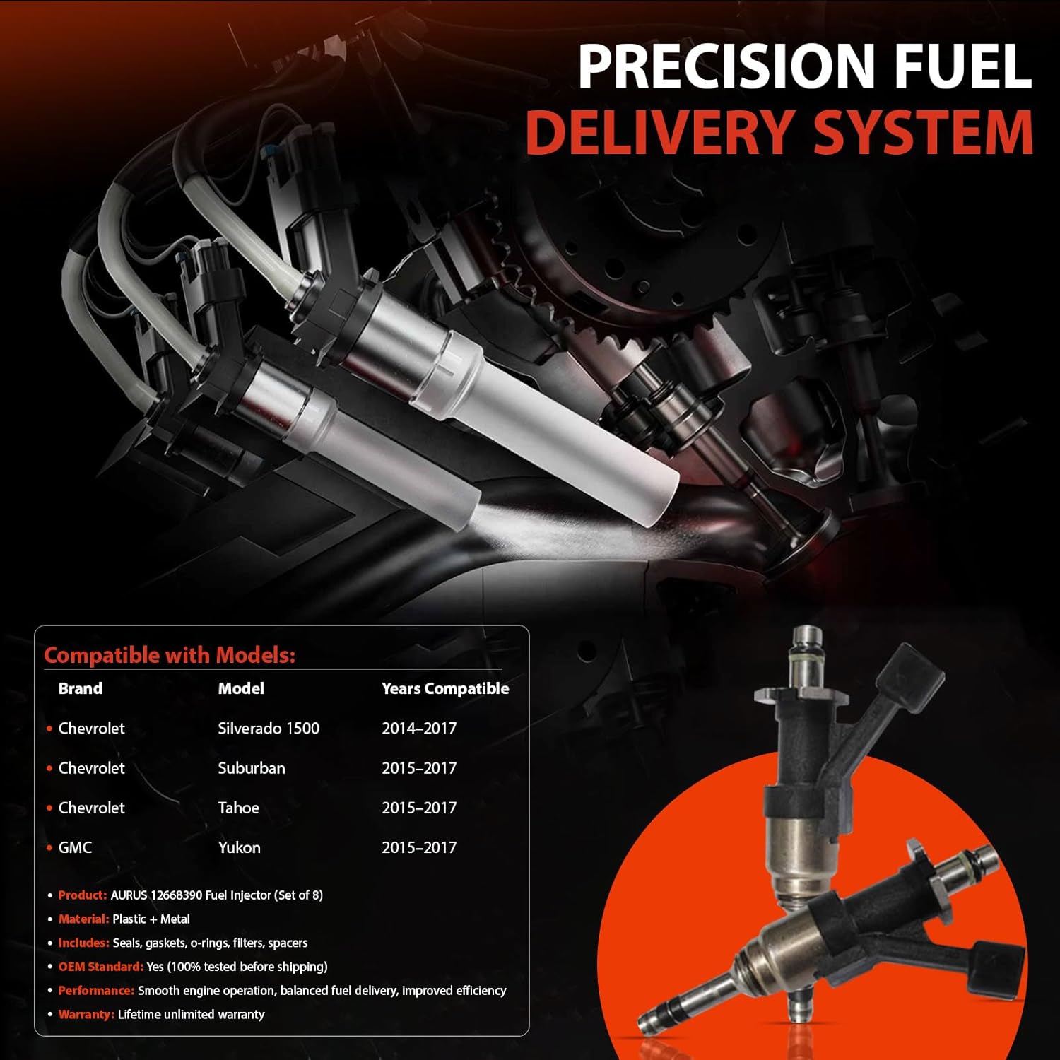 AURUS New 8PCS Fuel Injectors Compatible with Silverado 1500 2014–2017, Suburban 2015–2017, Tahoe 2015–2017 & GMC Yukon 2015–2017 – Replace 12668390 (Set of 8)