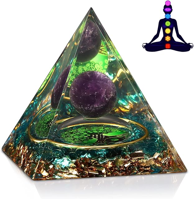 Orgone Pyramid Healing Crystal Pyramid with Tree of Life Amethyst Crystal Stone for Positive Energy Chakra Healing Meditation Yoga, Orgonit Pyramid Attract Lucky Health Weath Home Decor -6CM