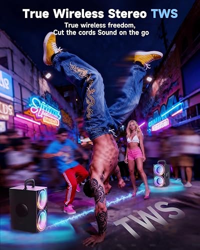 Miniatura 5 de Altavoces Bluetooth, subwoofer fuerte de 100 dB de 80 W (pico), sonido estéreo, altavoz portátil inalámbrico TWS con luces, tecnología Bassup,